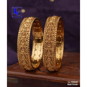 Antique Matt Finish Gold Plated Lakshmi Lotus Temple Bangles Set Of 2 For Women