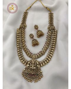 Gold finish South Indian Long Haram Temple Bridal Jewelry Necklace Set 