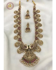 Gold finish South Indian Long Haram Temple Bridal Jewelry Necklace Set 