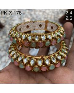Gold & Multicolored Pure Brass Real Kundan Gold Plating Women Designer Set of 2 Openable kada Bangle 