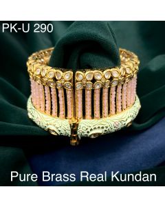 Baby Pink & Gold Colored Pure Brass Real Kundan Gold Plating Women Designer Set of 2 Openable Kada Bangles