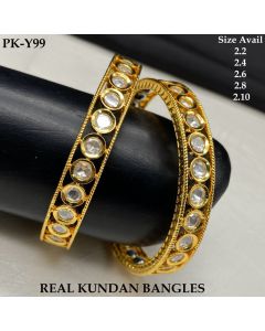 Traditional Gold Colored Pure Brass Real Kundan Bangles Women Designer Set of 2 Bangles
