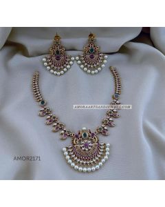 Artificial White Stoned Short Jewellery Set For Women with pair of Earrings 