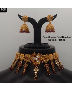 Premium Quality Pure Cooper Real Kundan Rajwadi Plated Jewelry Necklace Set 