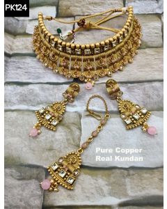 Premium Quality Pure Cooper Real Kundan Rajwadi Plated Jewelry Necklace Set 