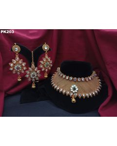 Premium Quality Pure Brass Gold Plated Pachi Kundan choker Necklace set 