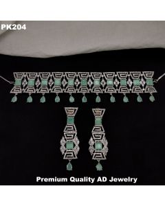 Premium Quality American Diamond Silver Jewelry Choker set With Earrings, Mint Green Color.