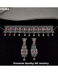 Premium Quality American Diamond Silver Jewelry Choker set With Earrings, Light Pink Color.