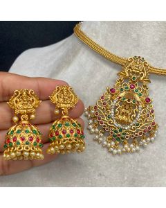Antique Matte Copper South Indian Temple Pendant And Choker Necklace Imitation Jewelry Set For Women