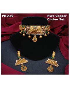 Pure Copper choker Gold Plating gemstone Necklace indian weddings jewelry set 