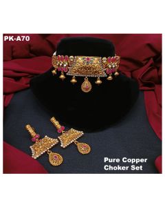 Pure Copper choker Gold Plating gemstone Necklace indian weddings jewelry set 