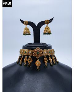 Floral Design Pure Copper choker Set Rajwadi Plated Necklace Wedding set with earrings 