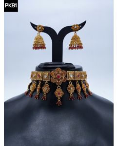 Floral Design Pure Copper choker Set Rajwadi Plated Necklace Wedding set with earrings 