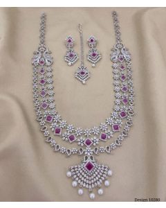 American Diamond Alike Pink Stone Three Layer Haram Necklace set With earrings For Womens 