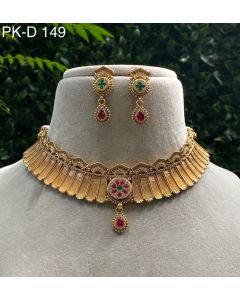 Beautiful Buy Choker Wedding Wear Antique Pure Gold Brass Necklace Jewelry Set