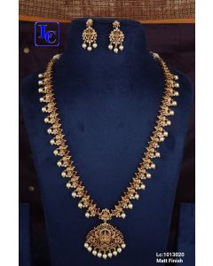 Buy Traditional Temple Jewelry matte Finish Pearl Beaded Work Long Necklace Set 