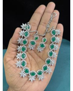 Buy white Finish Zircon & Synthetic Emerald stone Necklace Set In Sterling Silver