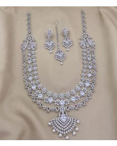 American Diamond Alike White Stone Three Layer Haram Necklace set With earrings For Womens 