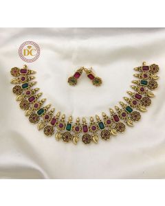 Matte Gold Plated Pota Stone Studded Multi Colored Choker Necklace Set 