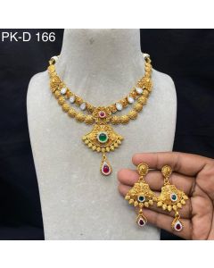 Buy Traditional Gold Plated Multi Stone Kundan Necklace Set Pearl Women Wedding Wear Jewelry Set 