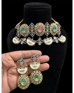 New Mop Fusion Choker Necklace Set, Woman Kundan Jewelry Set , Hydro Glass Pink & Green Color Stone Earring With Necklace Jewelry Set 