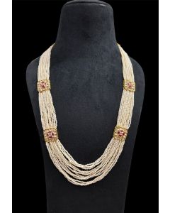 Gold Plating Long Pearl Jadau Kemp Stone Necklace/ Indian Jewelry/ Statement Jewelry/ Rani Haar/ Haram Necklace/ Guttapusalu Necklace