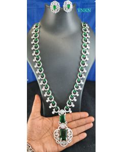 Buy Green Emerald Silver Plated Long Necklace Set AD Party Wear Jewelry Set 