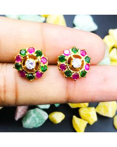 Green With Pink Hydro Round Stud Earrings Bridal Earrings, CZ Hydro Earring Jewelry For Woman