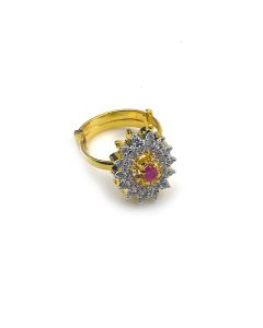 Ruby Zircon Women Gold-Plated & White CZ-Studded Adjustable Finger Ring.