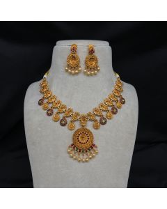 Temple Necklace & Earrings Jewelry Designer Copper Multi Stone Kundan Set.