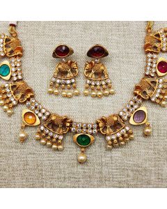 Elephant Design Copper Jewelry Multi Stone Necklace With Earrings Jewelry.