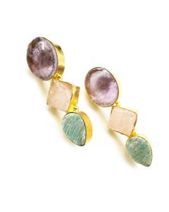 Gold plated earrings composed of three medallions made of gemstones Amazonite, Rose Quartz & Amethyst.