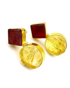 Natural Druzy Lemon Quartz & Carnelian Gemstones Gold Plated Stud Earrings 