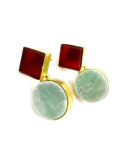 Gold plated earrings composed of two medallions made of gemstones Amazonite & Red Carnelian.