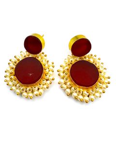  Synthetic Ruby Pearl Gold Plated Earring Women Designer Round Rough Gemstone Earrings.