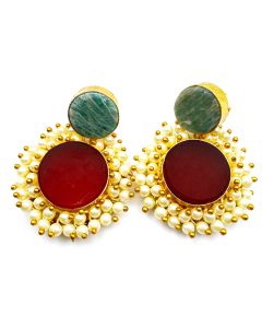 Natural Amazonite And Synthetic Ruby Pearl Gold Plated Earring Women Designer Round Rough Gemstone Earrings.