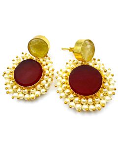 Natural Lemon Quartz And Synthetic Ruby Pearl Gold Plated Earring Women Designer Round Rough Gemstone Earrings.