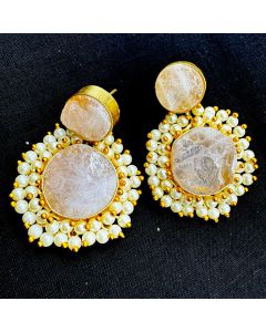 Natural Rose Quartz Pearl Gold Plated Earring Women Designer Round Rough Gemstone Earrings.