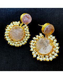 Rose Quartz And Amethyst Pearl Gold Plated Earring Women Designer Round Rough Gemstone Earrings.