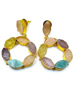 Natural Multi Color Stone Rough Gold plated Stud Earring Birthday Gifts Women 