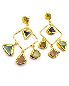 Mix Stone Rough Gemstone Handmade Jewelry Earring Gold plated Stud Earring.