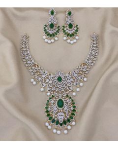 American Diamond Alike Green Stone Beaded  Necklace set With earrings For Womens 