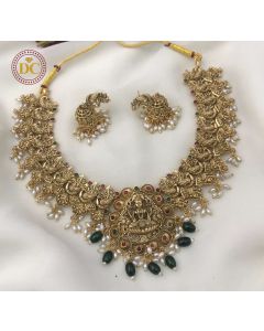 Beautiful Gold Finish Kemp Stone Beaded Temple Jewelry Necklace Set 