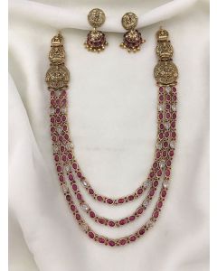 Grand Three Layer Ruby Lakshmi Haaram Long Necklace Set Paired With Earrings 