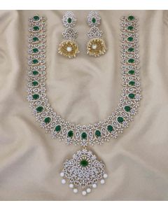 American Diamond Alike Green Stone Haram Necklace set With earrings For Womens 