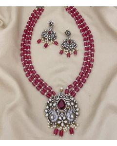 Victorian Ruby Kundan Moti Aritificial Beaded Long Necklace Set For Womens