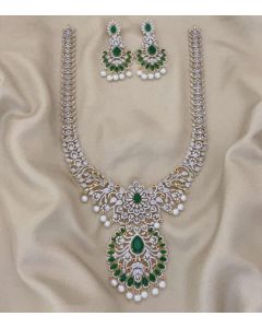 American Diamond Alike Green Stone Beaded Haram Necklace set With earrings For Womens 