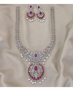 American Diamond Alike Pink Stone Beaded Haram Necklace set With earrings For Womens 