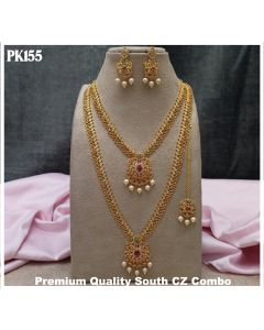 Beautiful Multi & Gold Colored Premium Quality Pure Brass Gold Plating South CZ Combo ( 2 Necklace) with Earrings & Matha patti for Women.