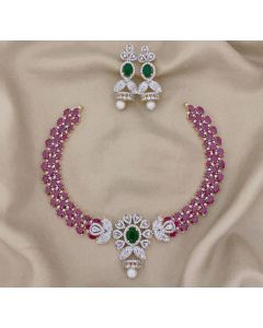 Premium quality Two Tone Ruby - Emerald White oval Stone flower Necklace set 